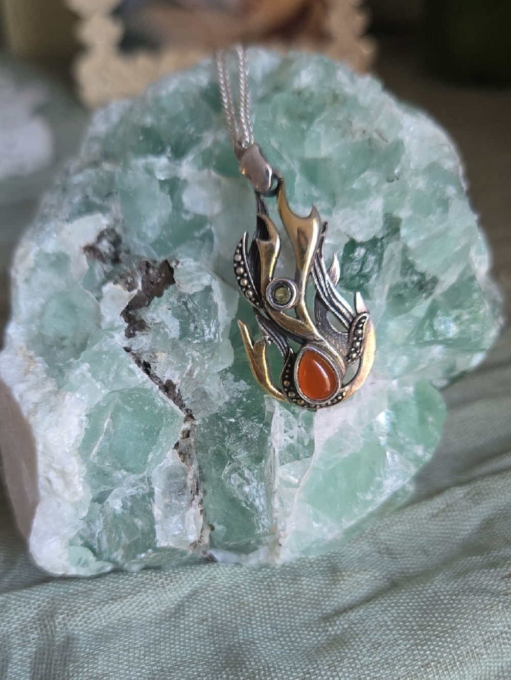 Mixed Metal Flame Pendant Necklace with Orange Stone